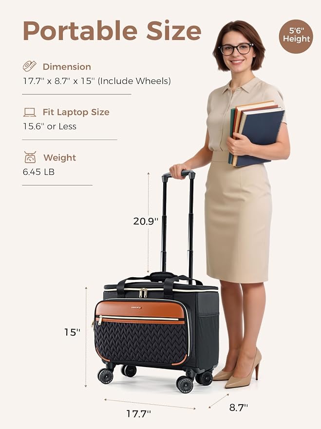 Rolling Teacher Bag with 4-Wheels 360° Spinner, Hardside Large | Laptop Rolling Briefcase for Women Teacher Office Craft Nurse, Roller Tote Work Bag with Accordion File, Quilted Black Brown