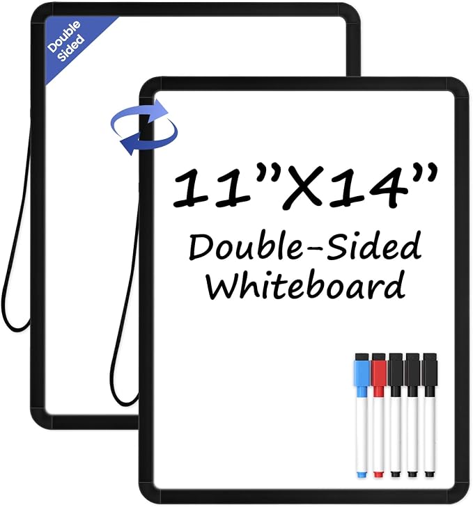 Small Wall White Board, 11" x 14" Mini Double-Sided Magnetic Dry Erase Board with Plastic Frame, Hanging Whiteboard with 5 Markers for Kids Students School Kitchen Home & Office, Black