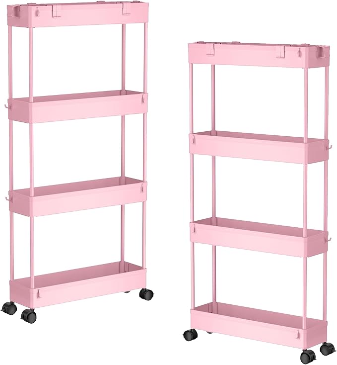 2-piece Set Slim Storage Cart 3 Tier,Bathroom Organizer Rolling Utility,Mobile Shelving Unit Slide Out for Office, Kitchen, Laundry Room & Narrow Places