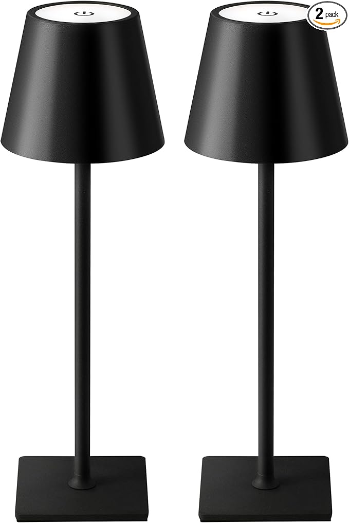 KDG 2 Pack Cordless Black Table Lamps, Rechargeable Portable LED Desk Lamps | 5000mAh Battery Operated 3 Color Stepless Dimming Up for Restaurant, Bedroom, Outdoor Party, Camping, Coffee Shop, Nightlight