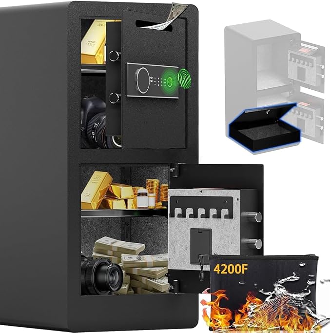 KAER Biometric Safe Box for Home, 7.0 CuFt Dual-Door Drop Safes with Fireproof & Waterproof Bag, Hidden Lock Box, Digital Keypad & Adjustable Shelves, Cash Safe for Store, Restaurant, Hotel & Office
