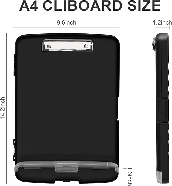 Plastic Clipboard with Storage, 8.5 x 11 Storage Organization Box Side-Opening, Heavy Duty Clip Board with Pen Holder and Paper Folder for Nurses, Teachers, Office & School Supply, Black