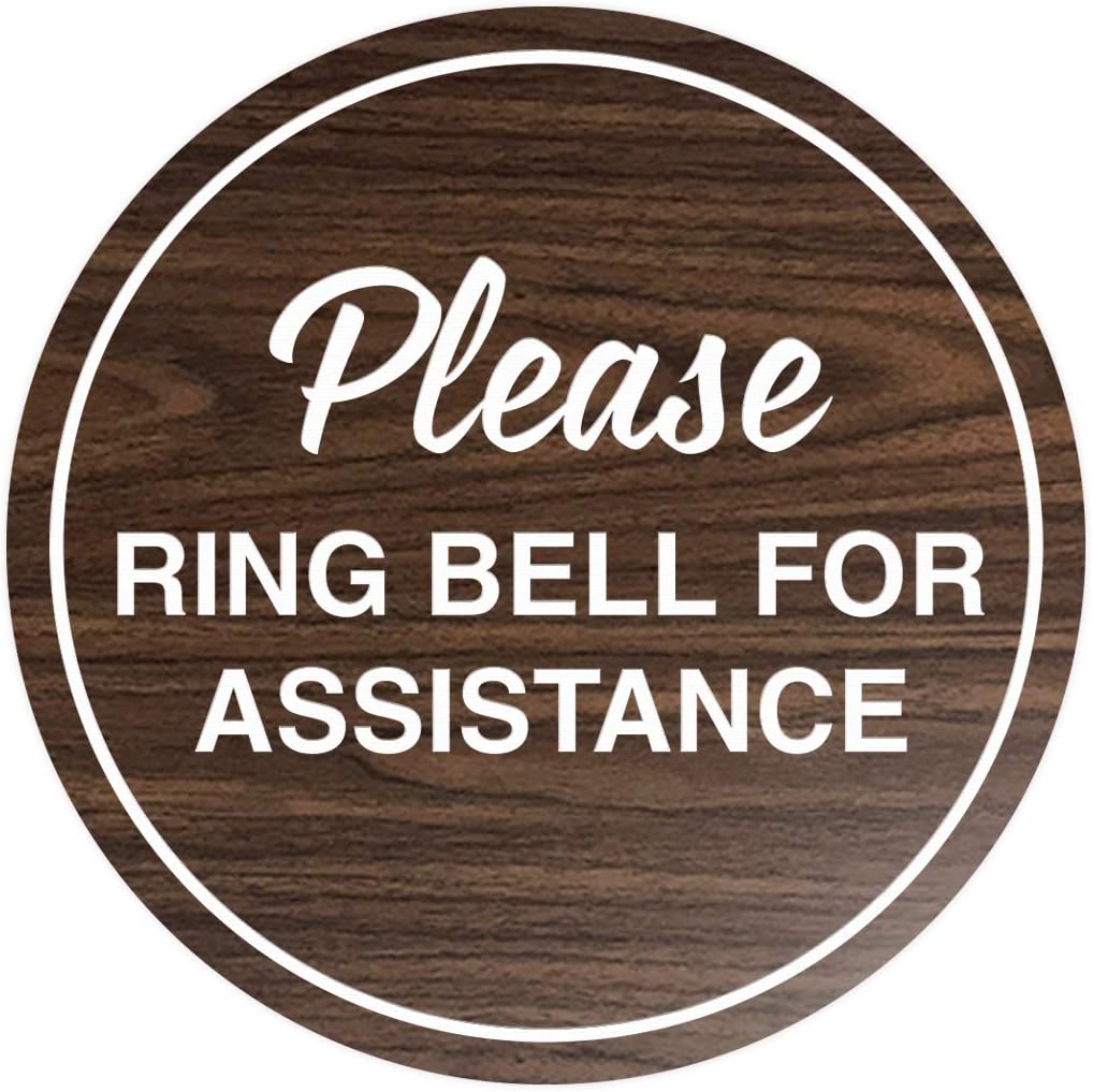 Signs ByLITA Circle Please Ring Bell For Assistance Wall or Door Sign | Easy Installation | Front Desk Reception Sign (Walnut) - X-large (5 Pack)