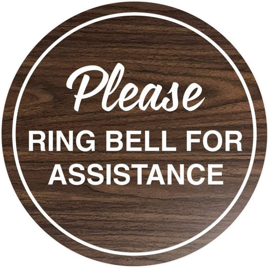 Signs ByLITA Circle Please Ring Bell For Assistance Wall or Door Sign | Easy Installation | Front Desk Reception Sign (Walnut) - X-large (5 Pack)
