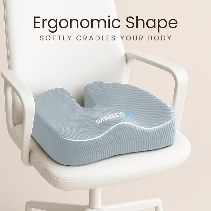Sleepavo Office Chair Cushion - Seat Cushion for Tailbone Pain Relief - Butt Pillow for Coccyx, Sciatica, and Lower Back Pain - Orthopedic Chair Pad for Lumbar Support in Office Desk (Gray)