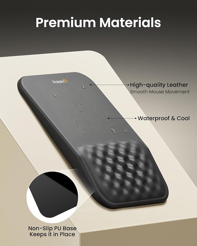 ProtoArc MP50 Ergonomic Mouse Pad with Wrist Rest, PU Leather, Black | 8° slope & massage points, soft memory foam, Large 12x8 Inches, Non-slip base. Relieves wrist strain for office & home