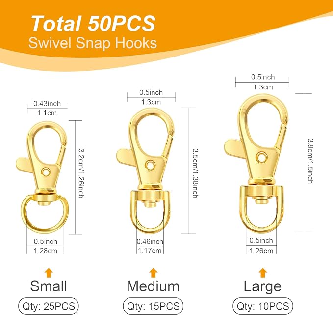 100PCS Swivel Snap Hooks with Key Rings, Premium Metal Swivel Lobster Claw Clasps Assorted Sizes (Large, Medium, Small) for Keychain Clip Lanyard, Jewelry Making, Crafts, Gold