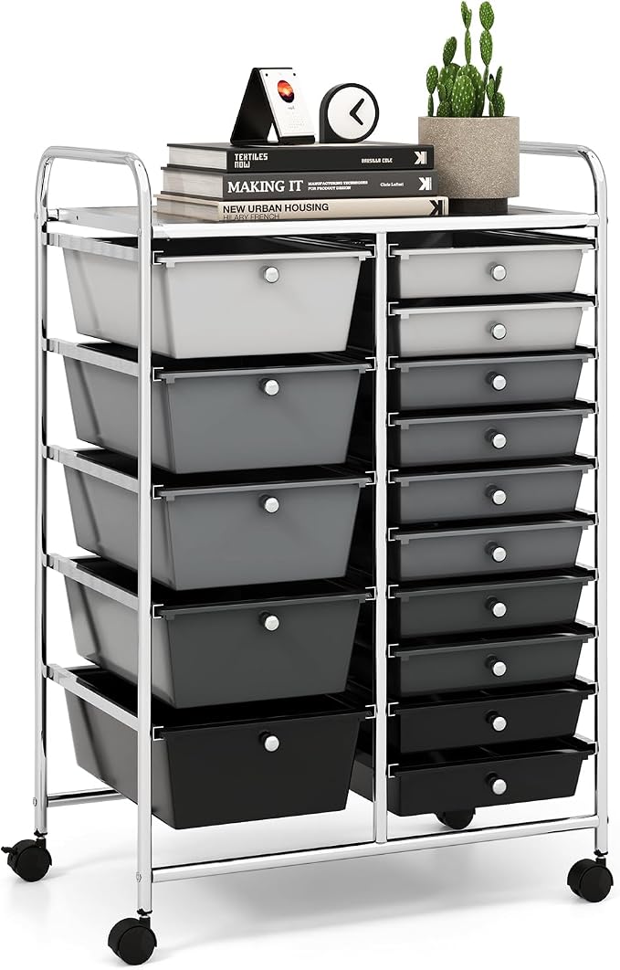 15 Drawer Rolling Storage Cart, Rolling Cart with Drawers for Classroom, Art Supply Craft Organizer on Wheel with Metal Frame & Handles for Home Office School