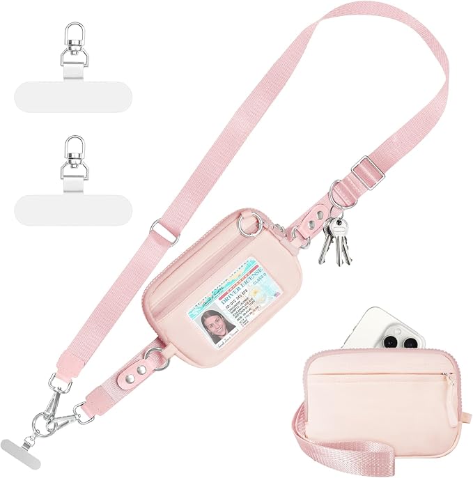 Tiostep Clip and Go Strap for Phone with Wallet Crossbody Phone Lanyard Adjustable and Detachable RFID Wristlet Wallet (Pink, Large)