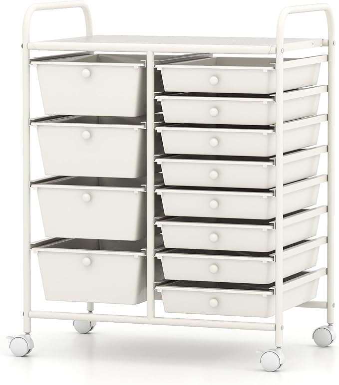 BECOMFORT 15-Drawer Rolling Cart with Drawers, Storage Cart on Wheels, Teacher Classroom Organizers with Metal Frame, Mobile Craft Cart for Tools