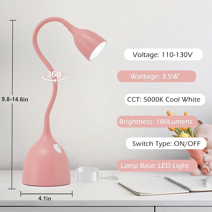 EJIAXIN Gooseneck Desk Lamp 360° LED Flexible Reading Light Small Desk Lamps for Small Spaces Home Office Bedroom College Dorm Desk Bookshelf Nightstand Table Lamp (Pink)