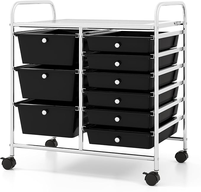 COSTWAY Rolling Storage Cart with 9 Drawer, Utility Cart with Metal Frame | Mobile Art Supply Craft Organizer, Multipurpose Storage Organizer for Paper, Office, School Teacher, Classroom, Black