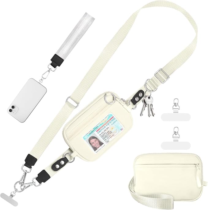 Tiostep Clip and Go Strap for Phone with Wallet Crossbody Phone Lanyard Adjustable and Detachable RFID Wristlet Wallet (Beige, Medium)