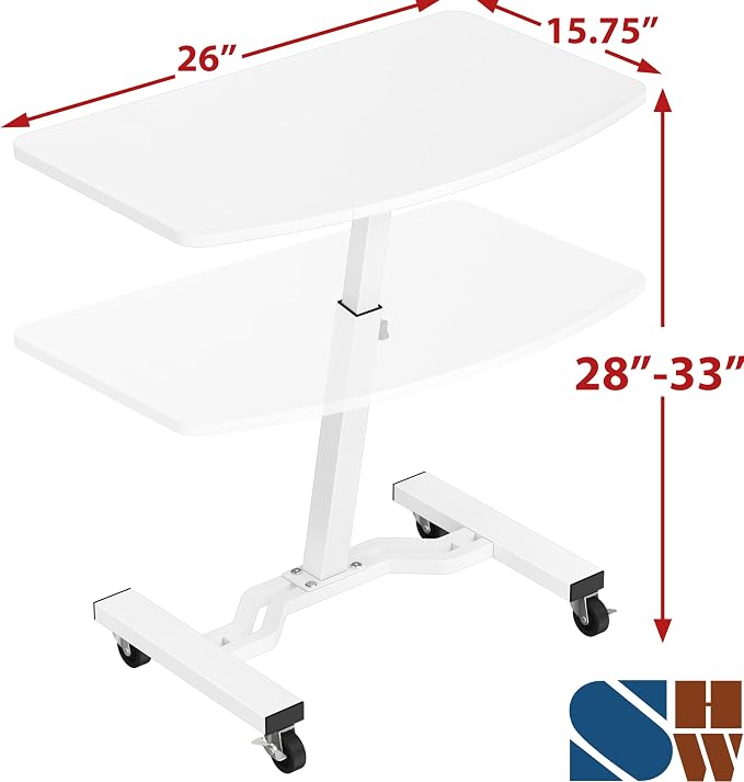 SHW Mobile Height Adjustable Laptop Rolling Cart w/Lockable Wheels, White | Height Adjustable from 28" to 33"