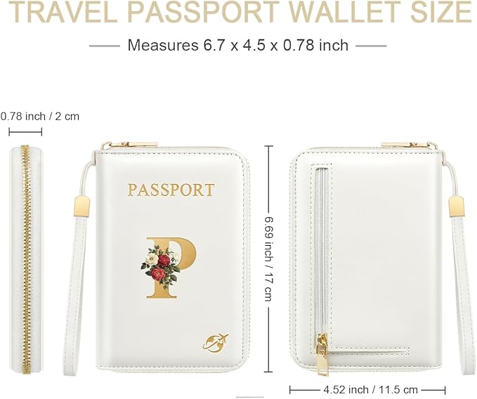 Passport Holder for Travel Personalized Wallet with Wristlet Women | All-in-One Passport Cover, RFID Blocking, Back Coin Pocket, Paper Money Slot, Zipper Closure, Roses Initial Letter, White P