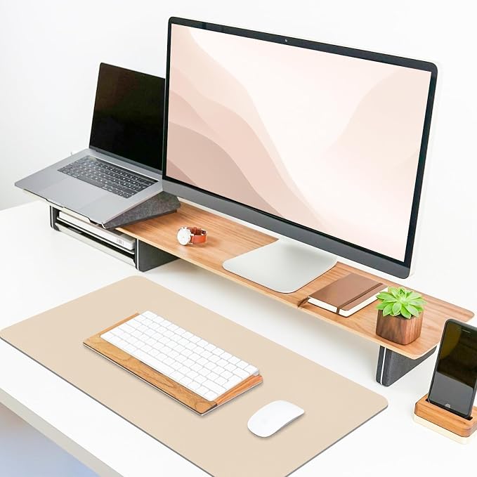 Leather Desk Pad Mat, Beige Desk Mat, 23.6" x 13.7" | Non-slip and Waterproof Computer Mat, Desk Protector for Office/Home, Desk Accessories