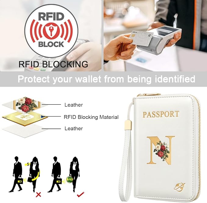 Passport Holder for Travel Personalized Wallet with Wristlet Women | All-in-One Passport Cover, RFID Blocking, Back Coin Pocket, Paper Money Slot, Zipper Closure, Roses Initial Letter, White N