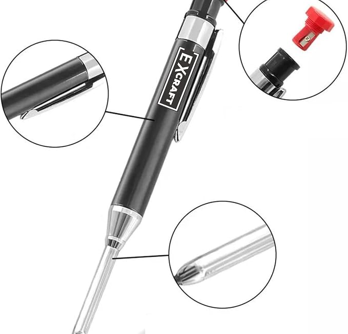 EXcraft Metal Mechanical Carpenter Pencil with 6 Refills Deep Hole with Built-in Sharpener For Architect Construction Carpentry Making Scribe Tools