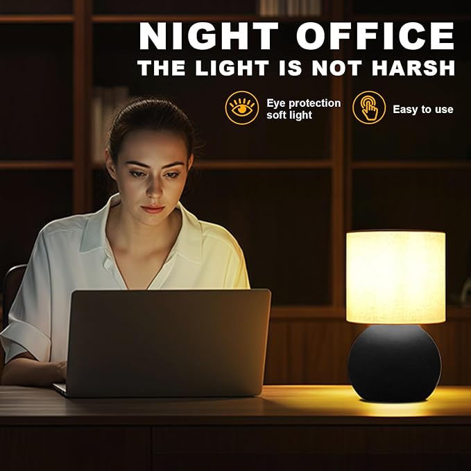 Modern Black Small Table Lamp with Cotton Linen Shade, 6.2×6.2×10.4 inch LED Desk Light, One-Button Switch for Bedroom, Living Room, Nightstand, Includes Warm Light Bulb