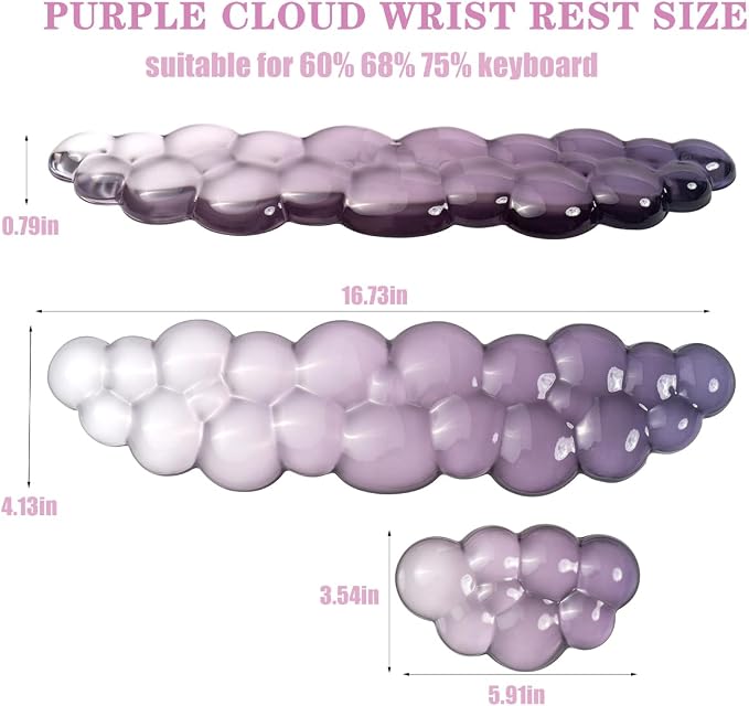 Ergonomic Cloud Silicone Gel Keyboard and Mouse Wrist Rest Set – Clear Wrist Rest for Computer Keyboard 60%/68%/75%, Comfort & Support for Typing and Gaming (Grey Purple)