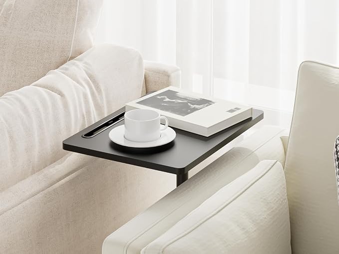 Masupu Sofa Arm Tray Table - 360° Swivel Height Adjustable End Table, Small Snack Side Table for Couch, C Shaped Table for Bed, Chair or TV Tray Table(Black)