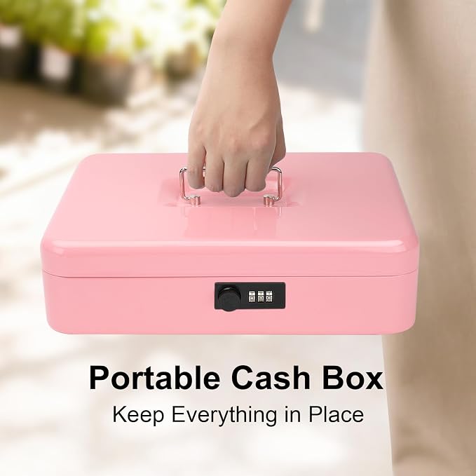 Jssmst Locking Metal Cash Box with Coin Lid, 11.8L x 9.5W x 3.5H Inches, Safe Money Box with Combination Lock, Pink, SM-CB0516P