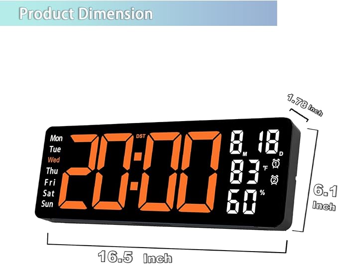 17.5 Inch Orange LED Digital Wall Clock with 8 Ambient Light Colors｜Displays Time,Date,Day,Temperature&Humidity,Dual Alarms,Countdown&Stopwatch,DST,10-Level Auto/Manual Brightness｜Modern Silent Clock