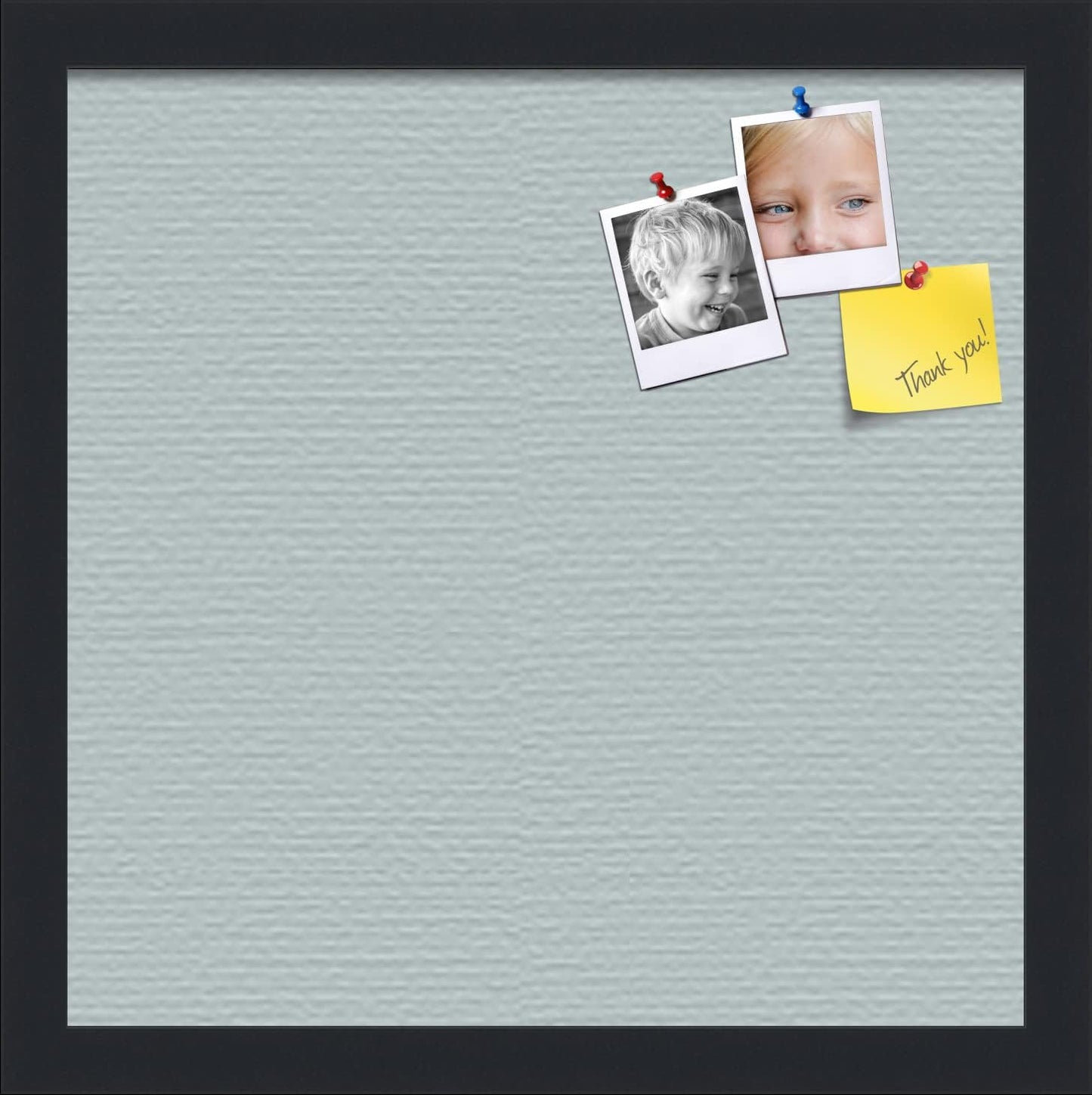 PinPix 14x14 Inch Cork Bulletin Board. This Decorative Framed Pin Board Comes with Soft Blue Design and a Satin Black Frame. Ideal for Home Office Decor or Message Board (PinPix-1814)