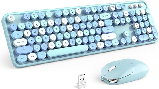 MOFII Wireless Keyboard and Mouse Combo, Retro Keyboard with Round Keycaps, 2.4GHz Dropout-Free Connection, Cute Wireless Mouse for PC/Laptop/Mac/Windows XP/7/8/10 (Blue-Colorful)