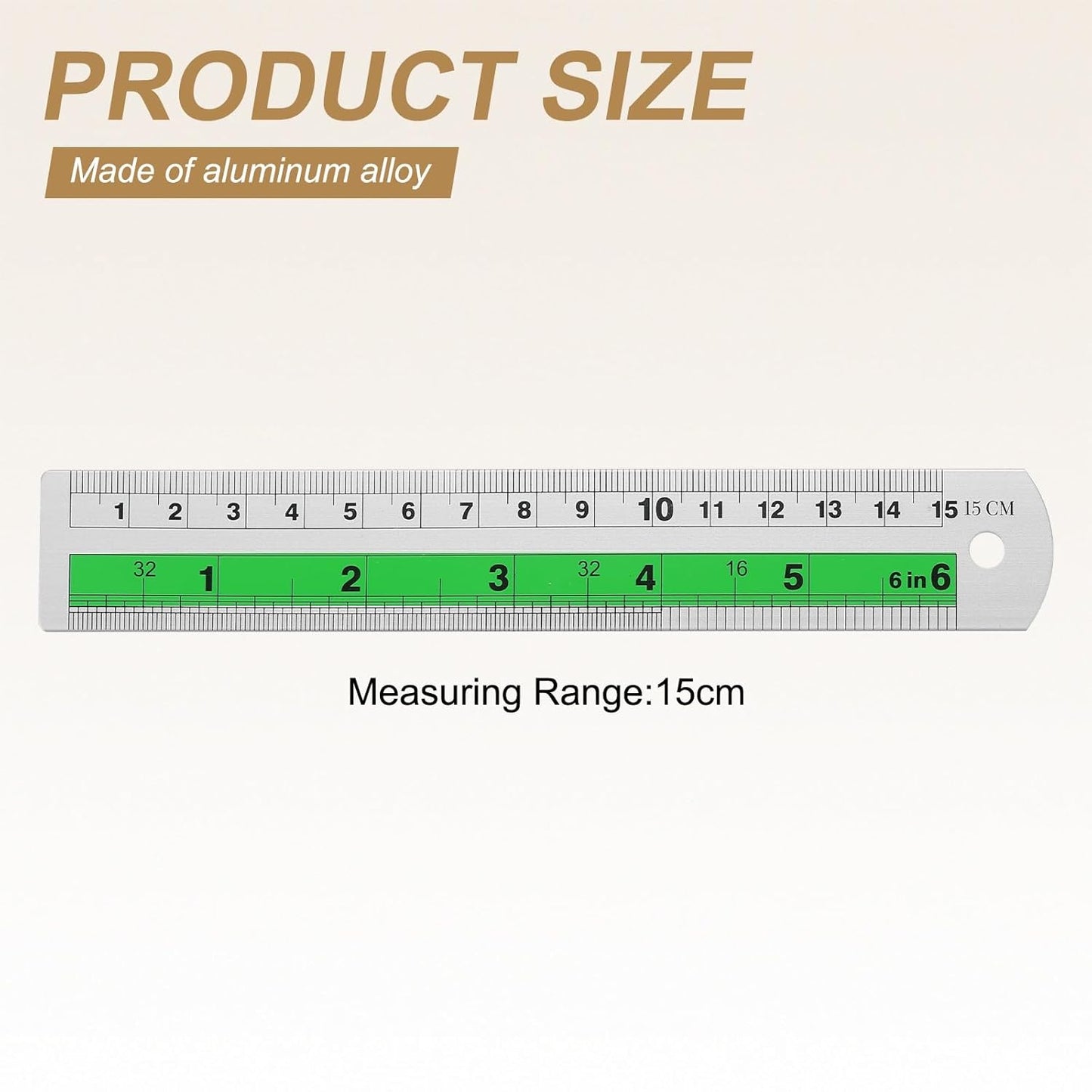 HARFINGTON 4pcs Metal Straight Ruler 15cm Metric SAE Aluminum Alloy Measuring Rulers Scale Tool with Hole for Measure Study Reading Classroom Office, Green
