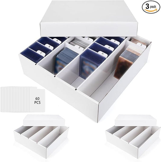 Trading Card Storage Box, 4 Row 3200 Count Collector Cards Box with Divider, White Corrugated Cardboard Compatible with Top Loader Organizer Sorting Tray Box for Sports Cards, MTG, TCG Cards (3-Pack)