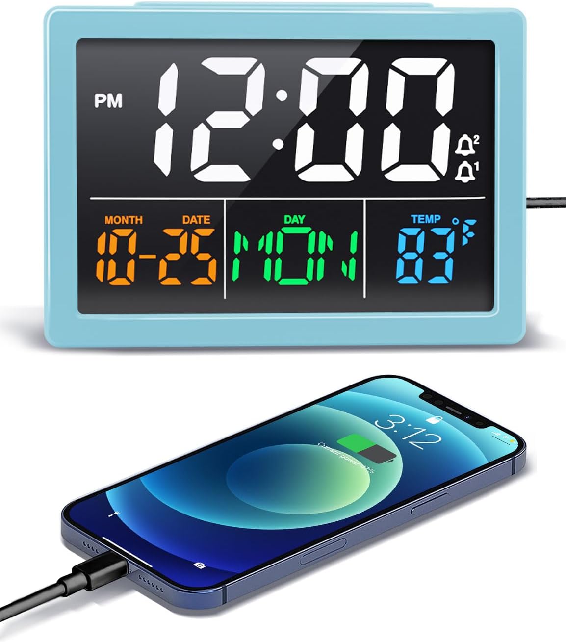 Digital Alarm Clock, with 5.5" Large LED Time Display, Adjustable Alarm Volume, 6 Level Brightness, Alarm Settings, USB Charger, Temperature Detect, Snooze, Clocks for Bedroom, Bedside, Desk, Blue