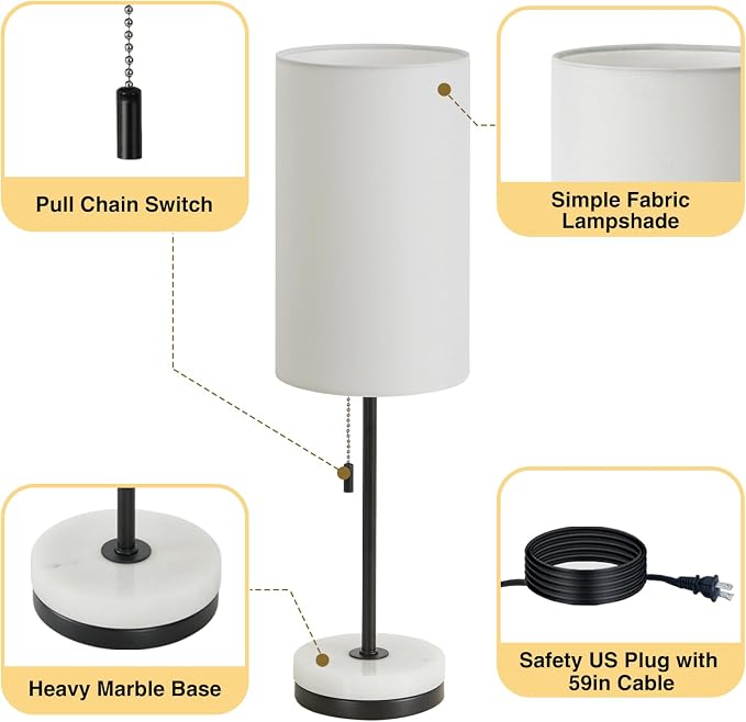 Luvkczc 18" Minimalist Table Lamp Set of 2, Nightstand Lamp for Bedroom Living Room, Modern Pull Chain Bedside Lamp with Marble Base, Fabric Shade, Small Desk Lamp for Home, Office, Reading