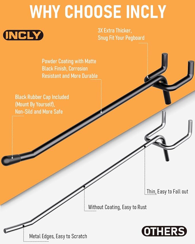 INCLY 60 Pack 6 Inch Black Pegboard Hooks, 1/4" Heavy Duty | Peg Board Shelving Hooks Accessories, Fit for 1/4" Pegboard, Garage, Crafts, Kitchen, Store, Peg Board Tool Hangers