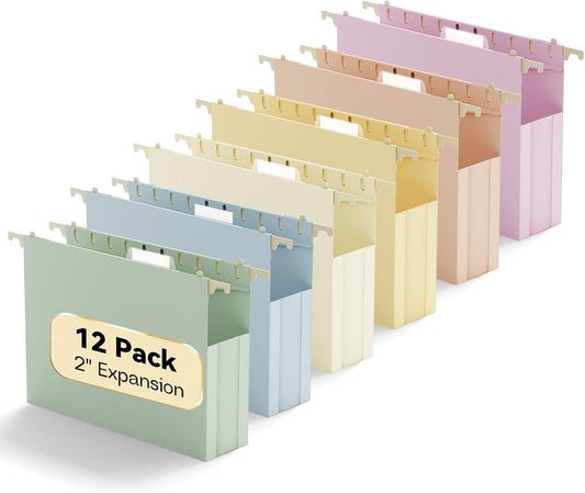Plastic Expandable Hanging File Folder Letter Size,Heavy Duty 2“Expansion Extra Wide Hanging Folders with Tabs,Accordian Pocket,No Assembly,Filing Cabinet Folder for Office/Home,12 Pack,Morandi