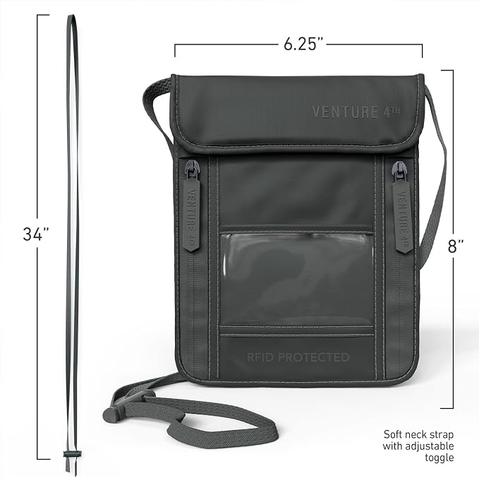 VENTURE 4TH Travel Neck Wallet, RFID Blocking Passport Holder - Sleek Gray