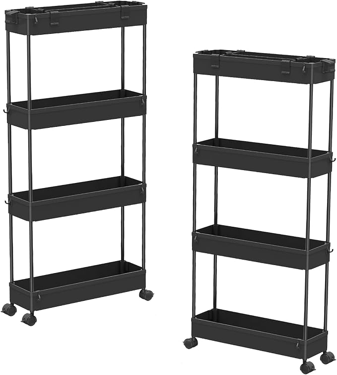 2-piece Set Slim Storage Cart 3 Tier,Bathroom Organizer Rolling Utility,Mobile Shelving Unit Slide Out for Office, Kitchen, Laundry Room & Narrow Places