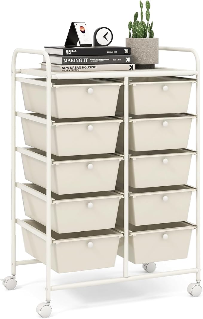 10 Drawer Rolling Cart, Storage Cart Organizer on Wheels, Drawer Cart with Metal Frame & Large Storage Capacity, Rolling Cart with Drawers for Living Room Classroom, Office