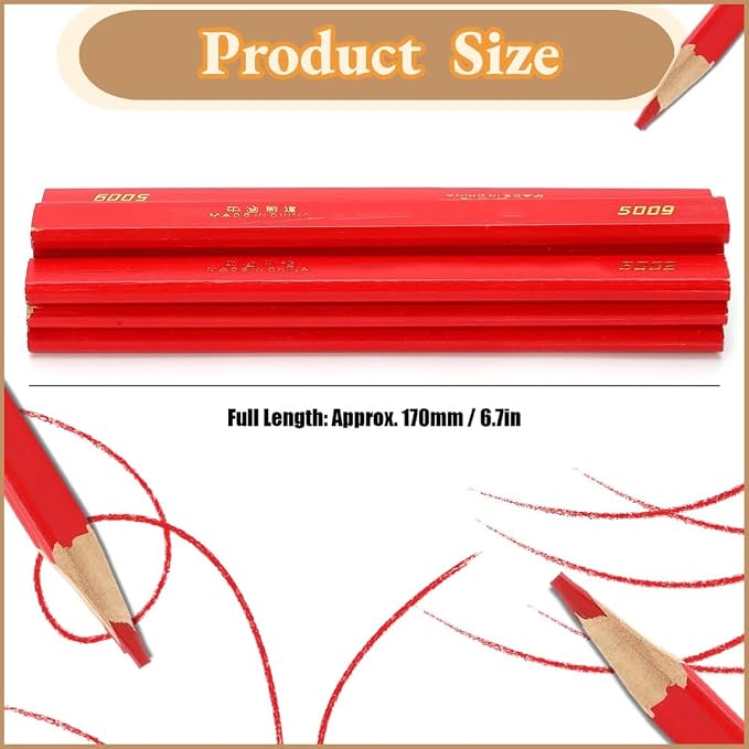 Carpenter Pencils, 10 Red Octagonal Hard Pencils for Woodworking & Concrete Marking