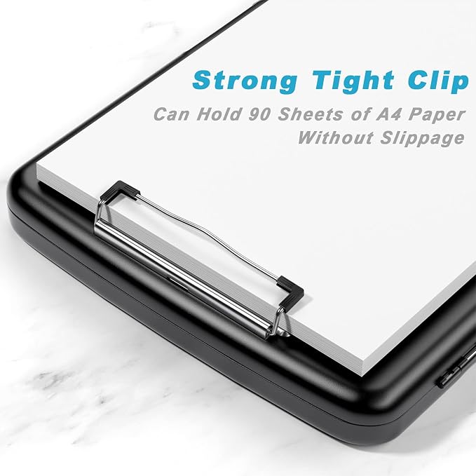 Rimilak Clipboard with Storage, 8.5 x 11'' High Capacity Clip Board, Black | Smooth Writing, Side-Opening Plastic Folder with Pen Holder, Size 14.2 x 9.6 x 1.2″ ,for Classroom, Teacher, Student