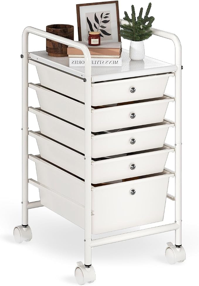 Rolling Storage Cart with Drawers 5-Tier Lock Wheels Office White | Utility Cart with 5 Drawers & 2 Lockable Caster, Multipurpose Mobile Drawer Cart for School Bathroom Kitchen