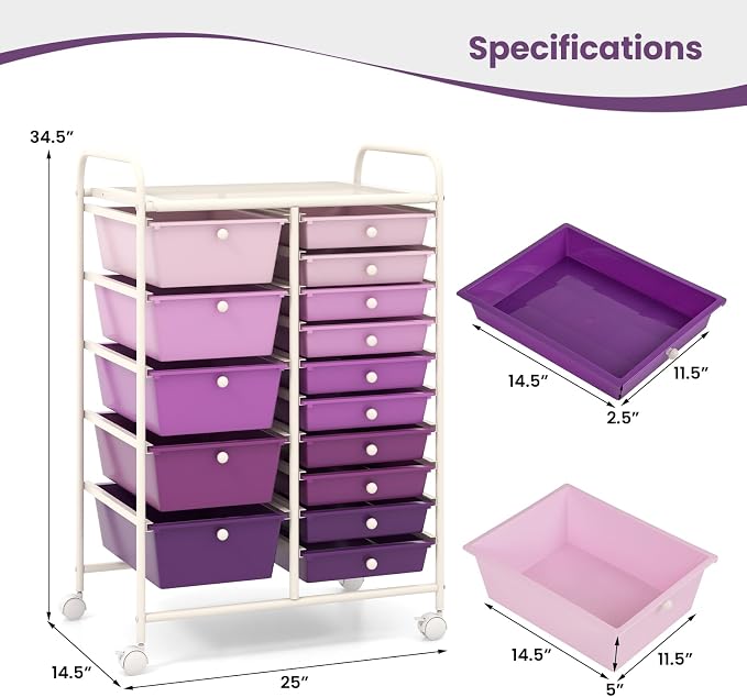 BECOMFORT 15-Drawer Rolling Cart with Drawers, Storage Cart on Wheels, Teacher Classroom Organizers with Metal Frame, Mobile Craft Cart for Tools, Trolley Utility Cart for School Office Play Room