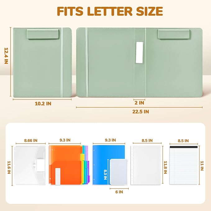 JoyCat 3 Ring Binder Clipboard with Storage, 5 Folders, Grass Green | 3 ring clipboard portfolio combines five expandable folders, a refillable letter-size notepad and storage