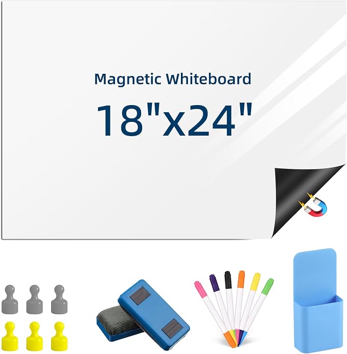 Magnetic Dry Erase Whiteboard 18"x24" for Fridge | Dry erase white board for fridge set with markers, eraser & magnets. Magnetic sheet sticks to fridge whiteboard