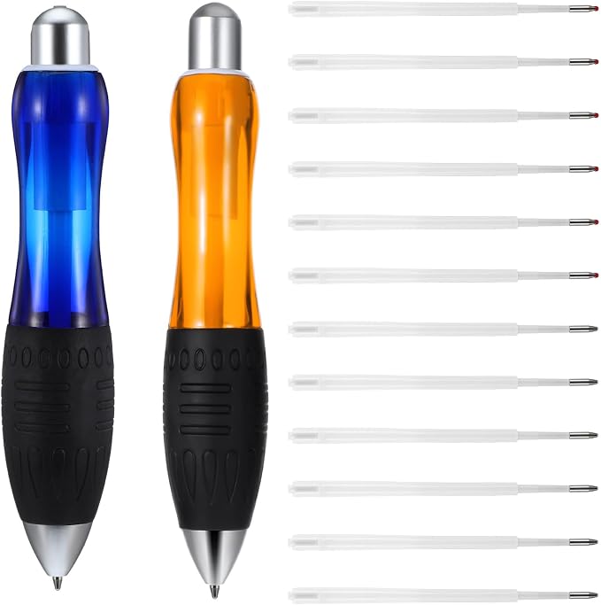14Pcs Big Fat Pens Set, Retractable Large Wide Grip Ballpoint with Rope, Ergonomic Pen Aids Writing for Tremor Arthritis Parkinson Handicap Carpal Tunnel(2 Pens 6 Blue Refills+6 Black Refills)