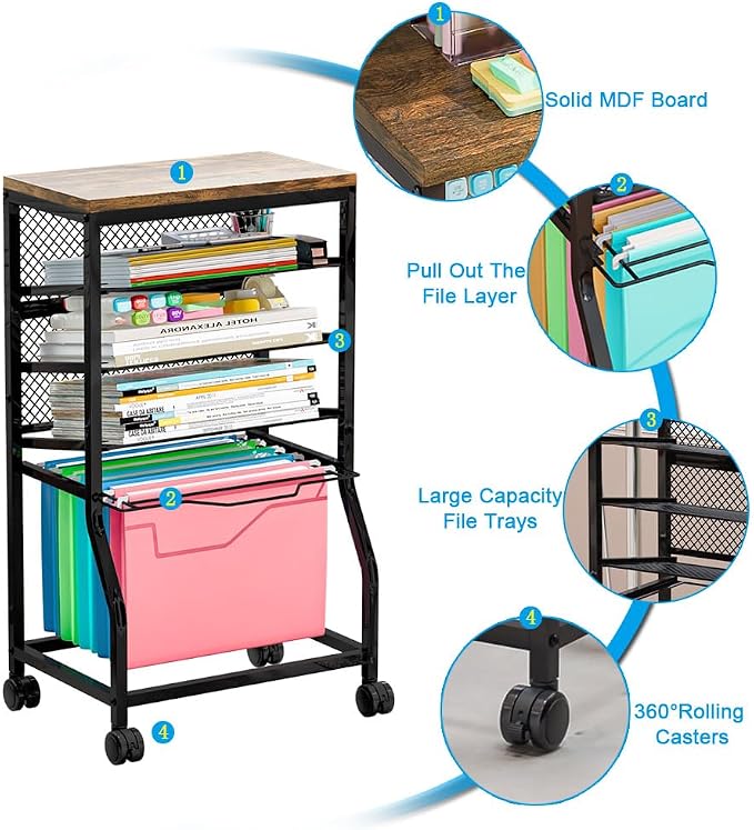 INGIORDAR 5 Tier Rolling File Cart Sliding Hanging Folder Storage Wheels | Under Desk Storage Organizer On Lockable Wheels Mesh Sliding Trays Multifunctional Clutter Cart for Office School Home