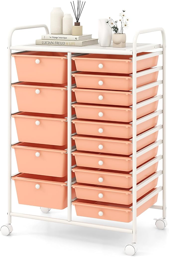 COSTWAY 15 Drawer Rolling Storage Cart, Mobile Storage Organizer | Removable Drawers & Metal Frame, Multipurpose Utility Tools Paper Organizer on Wheels for Home, Office (Peach)