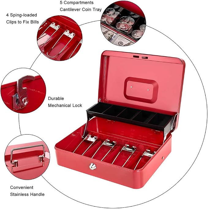 Cash Box with Money Tray and Key Lock Large Metal Money Safe Box with Cantilever Coin Tray, Lock Box for Money 11.8" x 9.4" x 3.54" Red