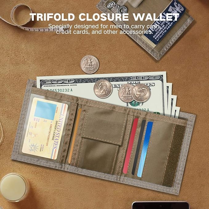 JEMINAL Trifold Canvas Wallet for Men Outdoor Sports Wallet with Keychain, Multiple Card Slots, ID Window, Lightweight Nylon Casual Wallet, Khaki