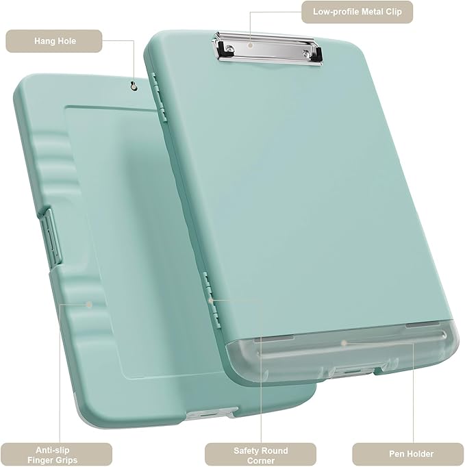 Piasoenc Clipboard with Storage, 8.5 x 11 Clip Board with Pen Holder, Teal | High Capacity, Heavy Duty Plastic Organization Box for A4 Legal Paper Folder, Folio & Side-Opening Nurses, Teachers, Student
